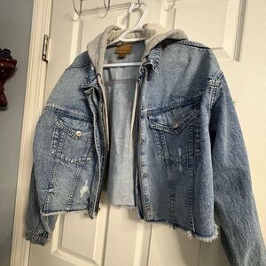 American Eagle Outfitters Light Blue Denim Jacket with Cream Hood